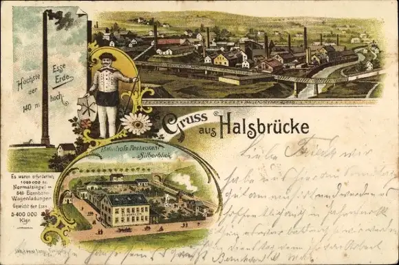 Litho Halsbrücke in Mittelsachsen, Hohe Esse, Bergmann, Bahnhofsrestaurant