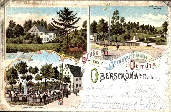 Litho Oberschöna Mittelsachsen, Gasthaus Oelmühle, Garten, Konzerthalle, Waldweg