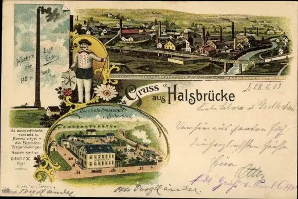 Litho Halsbrücke in Mittelsachsen, Hohe Esse, Bergmann, Bahnhofsrestaurant