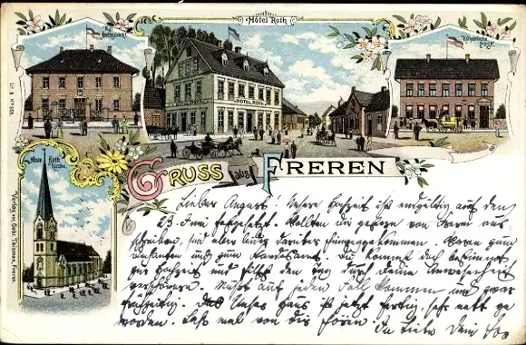 Litho Freren im Emsland, Hotel Roth, Kaiserliche Post. Amtsgericht, katholische Kirche