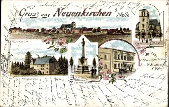 Litho Neuenkirchen Melle in Niedersachsen, Kirche, Schule, Kriegerdenkmal, Gut Königsbrück