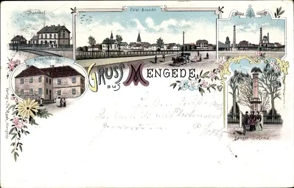 Litho Mengede Dortmund, Bahnhof, Altes Schloss, Fabrik, Kriegerdenkmal