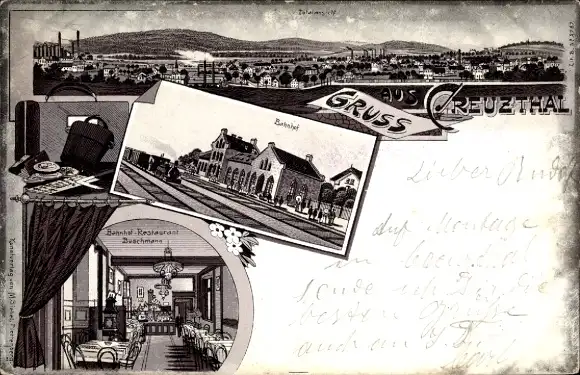 Litho Kreuzthal Buchenberg im Oberallgäu, Bahnhof, Restaurant