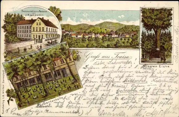 Litho Traisa Mühltal im Vorderen Odenwald Hessen, Restauration und Pension, Klipstein-Eiche