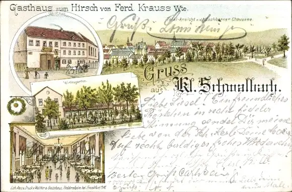 Litho Klein Schwalbach im Taunus, Gasthaus zum Hirsch, Gesamtansicht von der Eschborner Chaussee