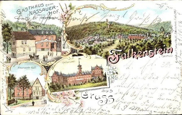 Litho Falkenstein Königstein im Taunus, Gasthaus zum Nassauer Hof, Heilanstalt