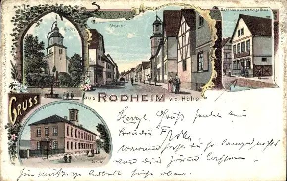 Litho Rodheim Rosbach vor der Höhe Hessen, Kirche, Schule, Gasthaus zum deutschen Haus