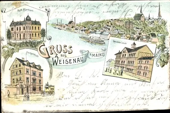 Litho Weisenau Mainz am Rhein, Katholisches Pfarrhaus, Postgebäude, Gemeinde-Schule
