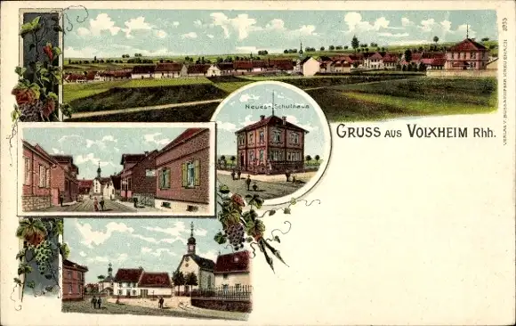 Litho Volxheim in Rheinhessen, Gesamtansicht, Neues Schulhaus