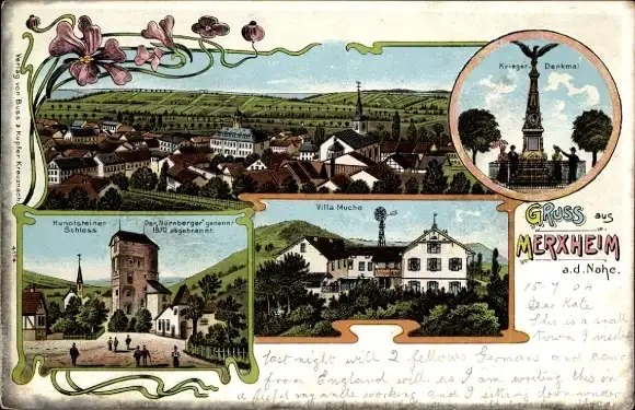 Litho Merxheim an der Nahe, Villa Muche, Kriegerdenkmal, Hunolsteiner Schloss