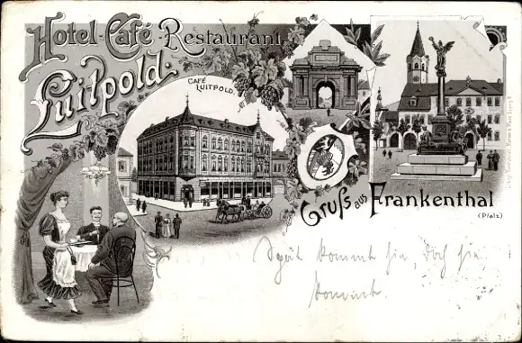 Litho Frankenthal in der Pfalz, Cafe Luitpold, Denkmal, Tor, Weintrauben