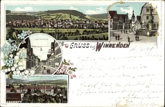 Litho Winnenden Baden Württemberg, Hauptstraße, Marktbrunnen