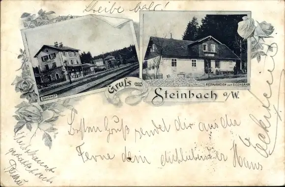 Ak Steinbach am Wald Oberfranken, Bahnhof, Restauration zur Eisenbahn