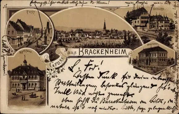 Litho Brackenheim an der Zaber Württemberg, Post, Rathaus, Schulhaus, Schloss