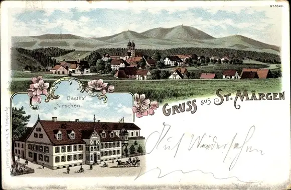 Litho Sankt Märgen im Schwarzwald, Gesamtansicht, Gasthof zum Hirschen