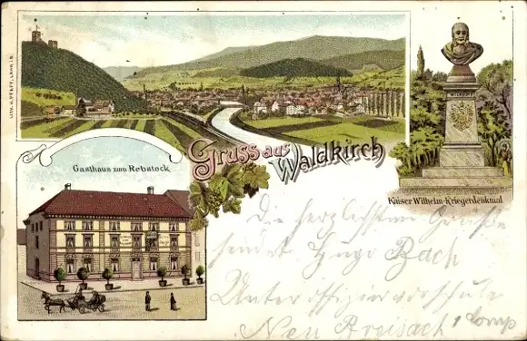 Litho Waldkirch im Breisgau Schwarzwald, Gasthaus zum Rebstock, Kaiser-Wilhelm-Kriegerdenkmal