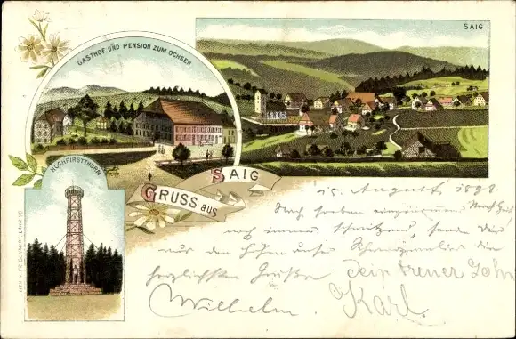 Litho Saig Lenzkirch im Schwarzwald, Hochfirstturm, Gasthof und Pension zum Ochsen