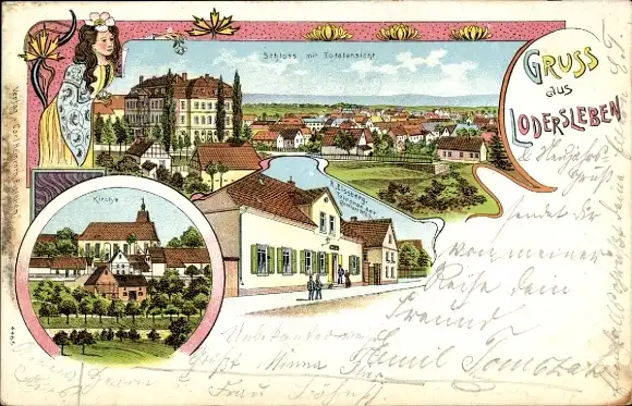 Litho Lodersleben Querfurt im Saalekreis, Schloss, Kirche, Restaurant