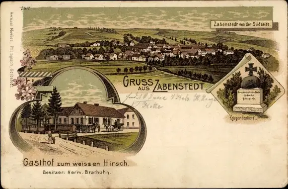 Litho Zabenstedt Gerbstedt im Harzvorland, Gesamtansicht, Kriegerdenkmal, Gasthof zum weißem Hirsch