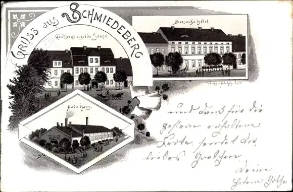 Litho Bad Schmiedeberg (Bezirk Halle) Dübener Heide, Gasthaus zur goldenen Sonne, Badehaus