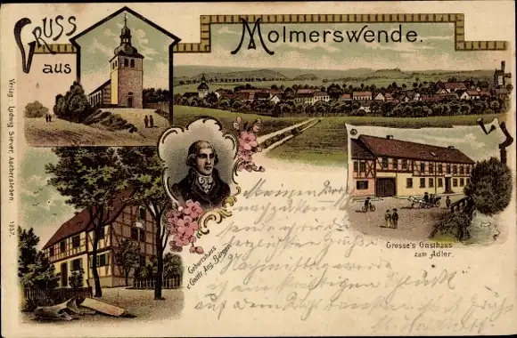 Litho Molmerswende Mansfeld im Harzvorland, Geburtshaus von Gottfried August Bürger, Gasthaus