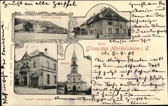 Ak Marckolsheim Markolsheim Elsass Bas Rhin, Ruine Limburg, Spital, Kirche, Amtsgericht