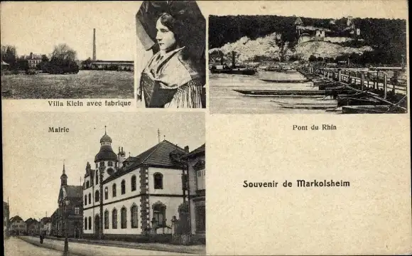 Ak Marckolsheim Markolsheim Elsass Bas Rhin, Villa Klein, Frau in Tracht, Rathaus, Brücke
