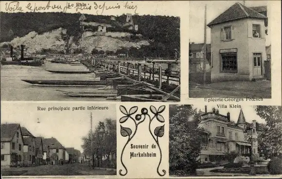 Ak Marckolsheim Markolsheim Elsass Bas Rhin, Villa Klein, Hauptstraße, Geschäft, Rheinbrücke
