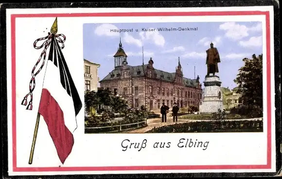 Passepartout Ak Elbląg Elbing Westpreußen, Hauptpost und Kaiser Wilhelm-Denkmal