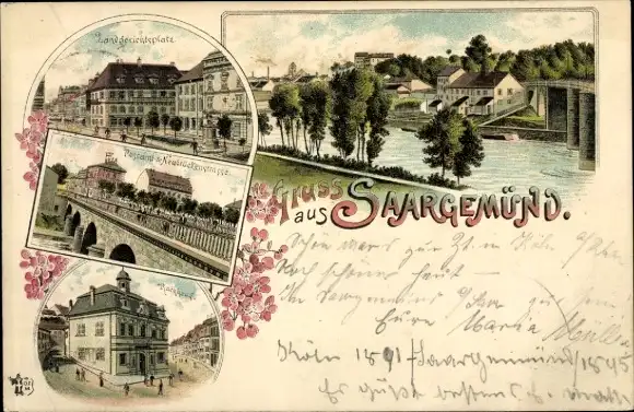 Vorläufer Litho Sarreguemines Saargemünd Lothringen Moselle, Postamt, Neubrückenstraße, Rathaus,1895