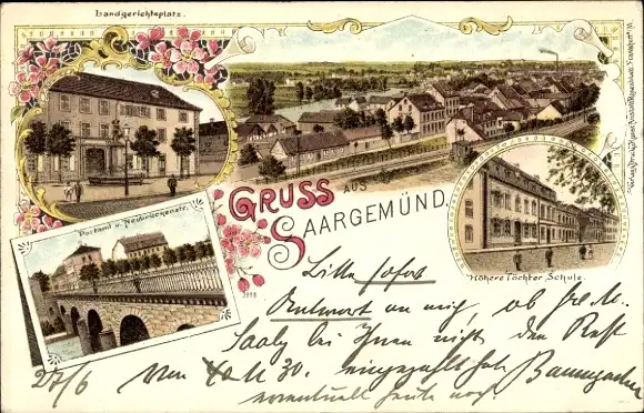 Litho Sarreguemines Saargemünd Lothringen Moselle, Landgerichtsplatz, Höhere Töchter Schule