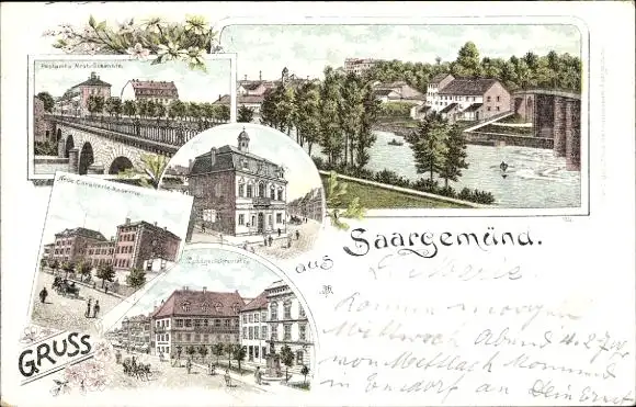 Litho Sarreguemines Saargemünd Lothringen Moselle, Postamt, Rathaus, Kaserne