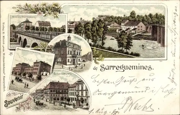 Litho Sarreguemines Saargemünd Lothringen Moselle, Postamt, Rathaus, Kaserne