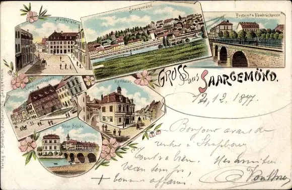 Litho Saargemünd Sarreguemines Lothringen Moselle, Marktplatz, Post, Neue Brücke, Landgerichtsplatz