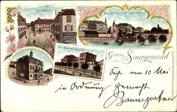 Litho Saargemünd Sarreguemines Lothringen Moselle, Marktplatz, Neue Brücke,Rathaus,Kavalleriekaserne