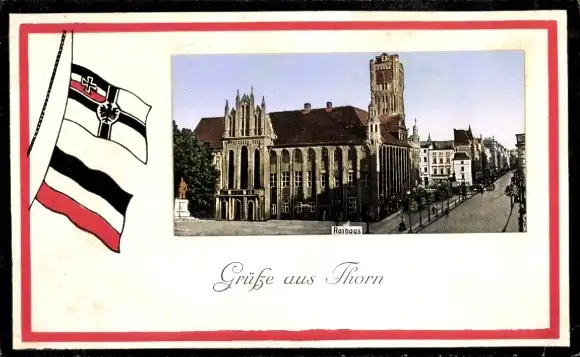 Passepartout Ak Toruń Thorn Westpreußen, Rathaus, Fahnen
