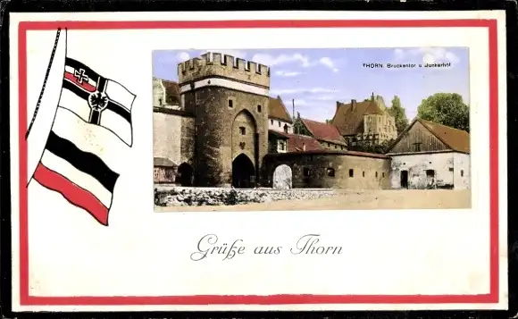 Passepartout Ak Toruń Thorn Westpreußen, Fahnen, Brückentor, Junkerhof