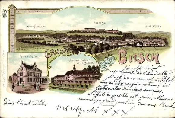 Litho Bitche Bitsch Lothringen Moselle, Kirche, Festung, Kaserne, Postamt, Bischöfl. Institut