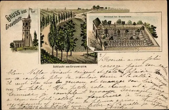 Litho Gravelotte Lothringen Moselle, Aussichtsturm, Schlucht, Kirchhof