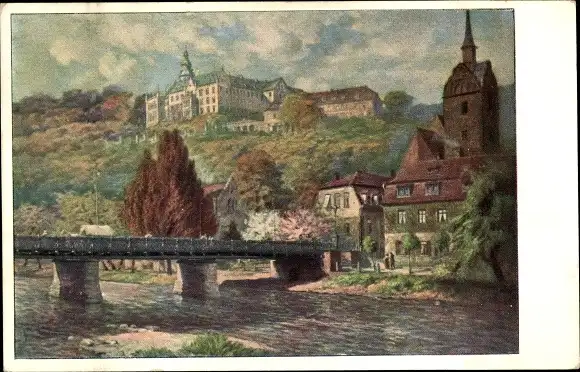 Künstler Ak Untermhaus Gera in Thüringen, Schloss Osterstein, Brücke, Kirche