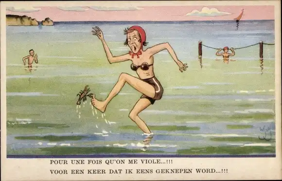 Künstler Ak Scheuermann, Willi, Dürre Frau im Bikini, Hummer hängt am Zeh