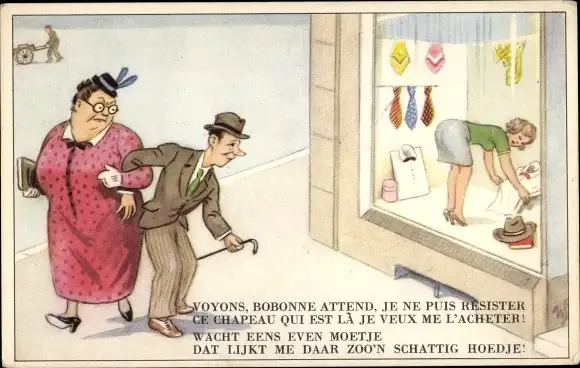 Künstler Ak Scheuermann, Willi, Mann schaut Frau auf den Po, Schaufenster