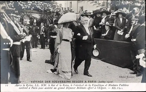 Ak König Albert I und Königin Elisabeth von Belgien, Staatsbesuch in Paris 1910, Präsident Fallières