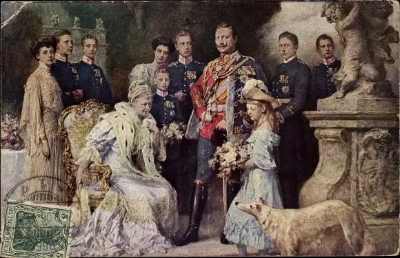 Künstler Ak Keller, F., Kaiserhaus, Wilhelm II, Kaiserin Auguste Viktoria, Kronprinz, Windhund