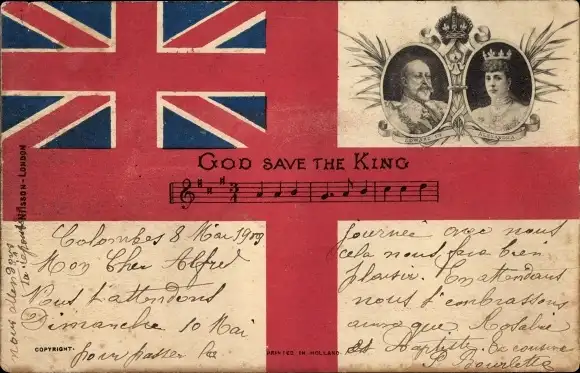 Ak König Edward VII von England, Königin Alexandra, God save the King, Flagge