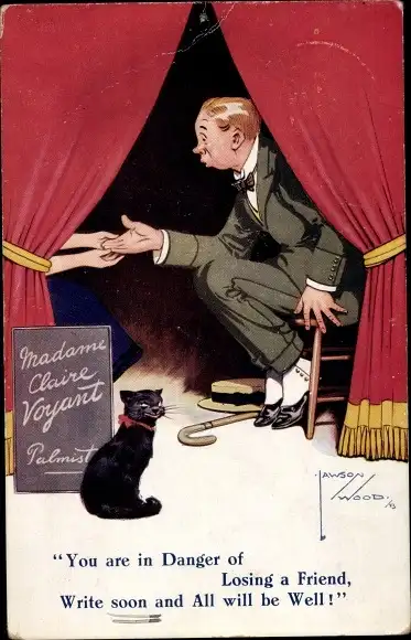 Künstler Ak Wood, Lawson, Mann bei einer Handleserin, schwarze Katze
