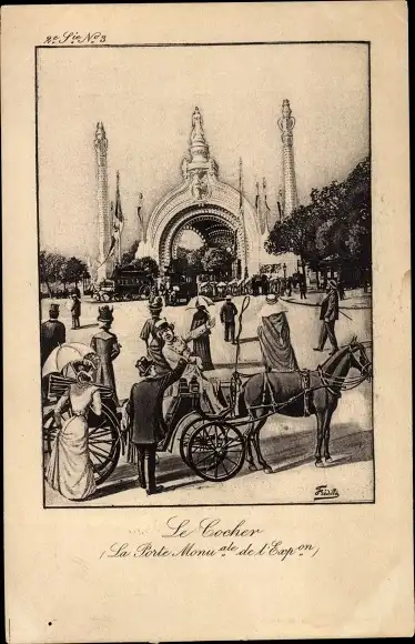 Künstler Ak Fredillo, Weltausstellung 1900 Paris, Monumentale Pforte, Kutsche
