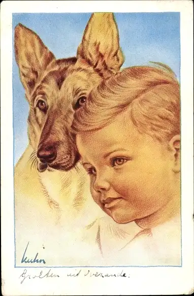 Künstler Ak Kuhn, Kinderportrait, Schäferhund