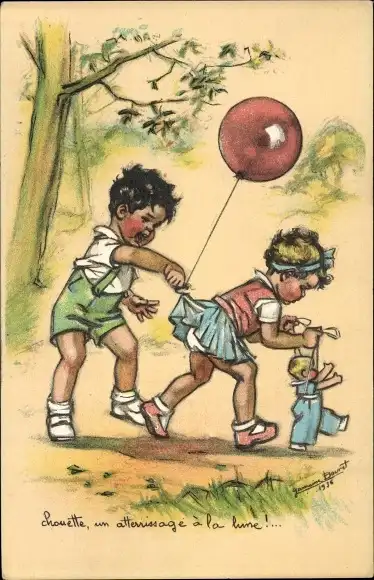 Künstler Ak Bouret, Germaine, Junge hängt Luftballon an Rock von einem Mädchen