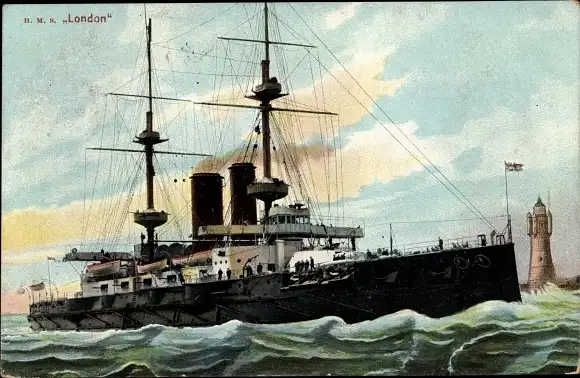 Ak Britisches Kriegsschiff London, Leuchtturm